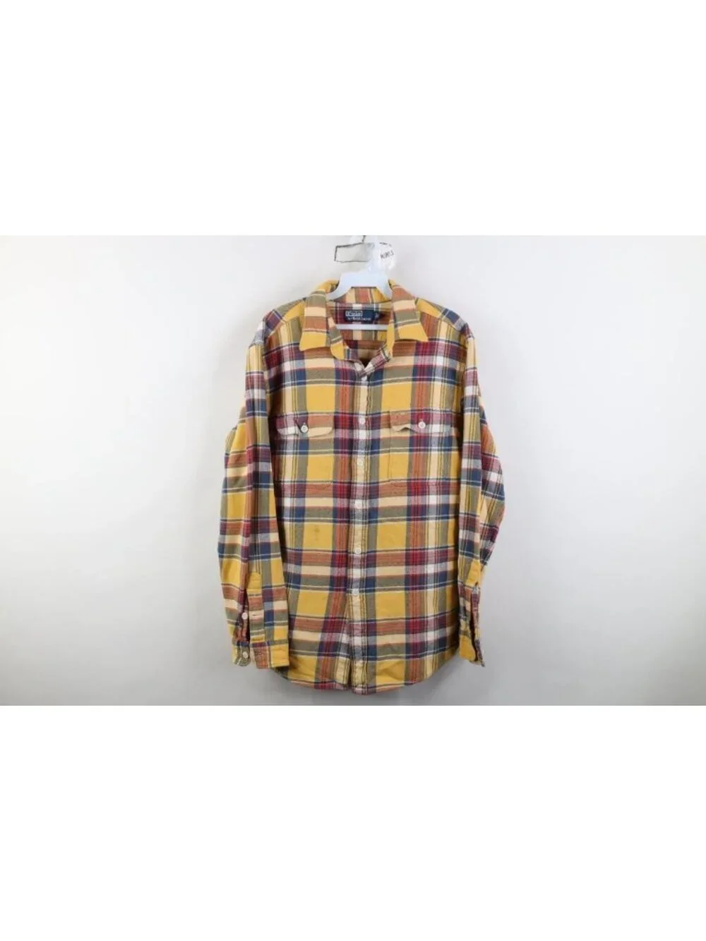 Vtg 90s Ralph Lauren Mens Large Distressed Heavy Flannel Collared Button Shirt
